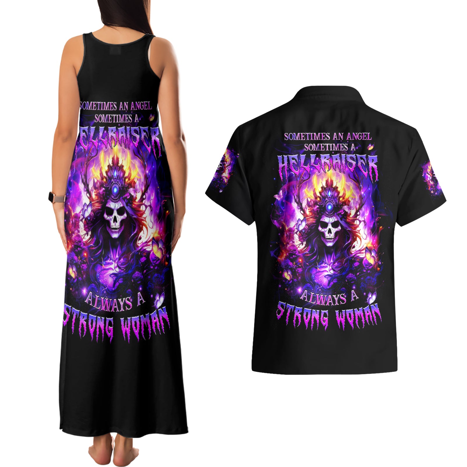 Queen Skull Couples Matching Tank Maxi Dress and Hawaiian Shirt Sometimes An Angel Somethimes Hellraiser Always A Strong Woman - Wonder Print Shop