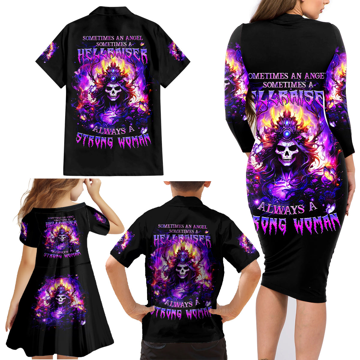 Queen Skull Family Matching Long Sleeve Bodycon Dress and Hawaiian Shirt Sometimes An Angel Somethimes Hellraiser Always A Strong Woman - Wonder Print Shop