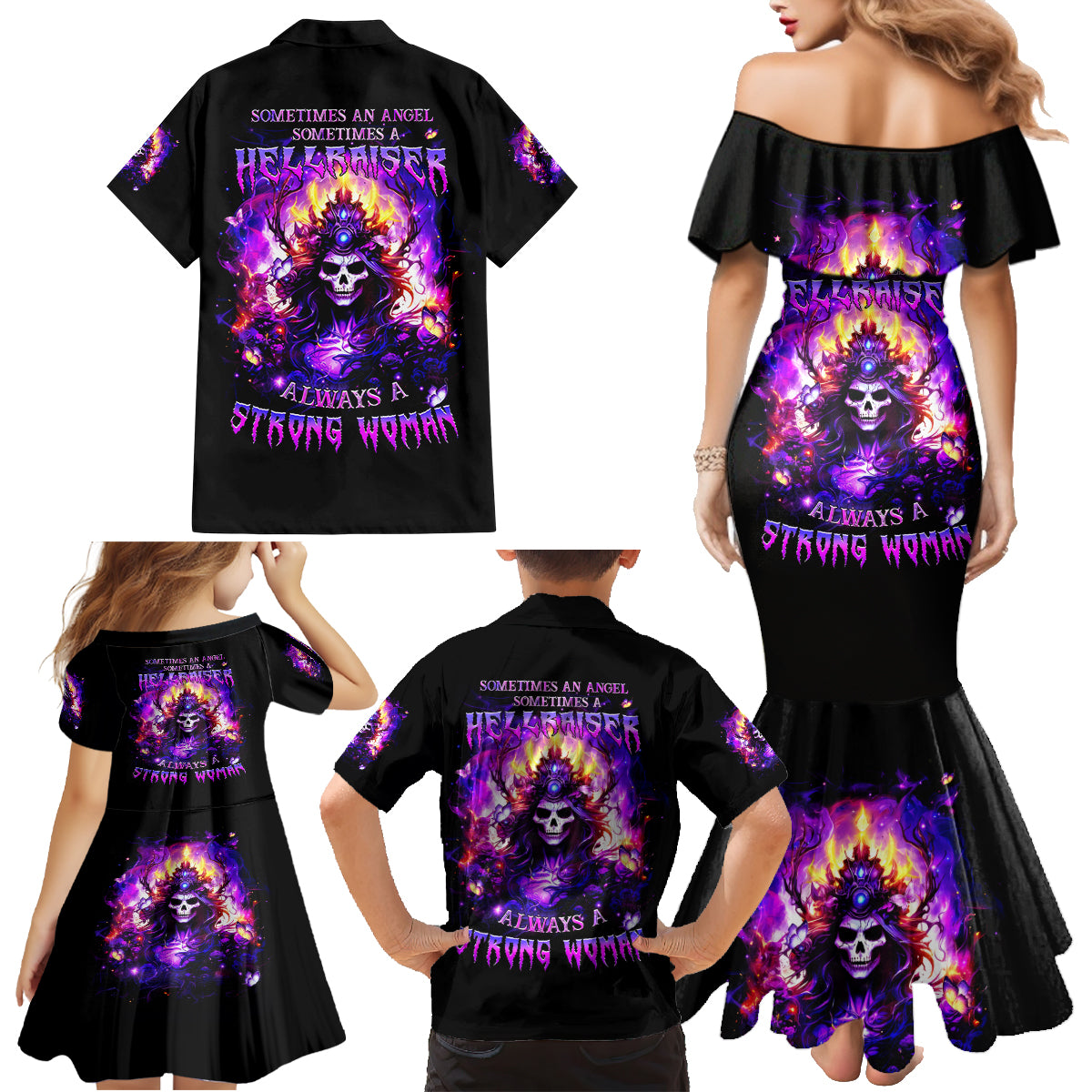 Queen Skull Family Matching Mermaid Dress and Hawaiian Shirt Sometimes An Angel Somethimes Hellraiser Always A Strong Woman - Wonder Print Shop