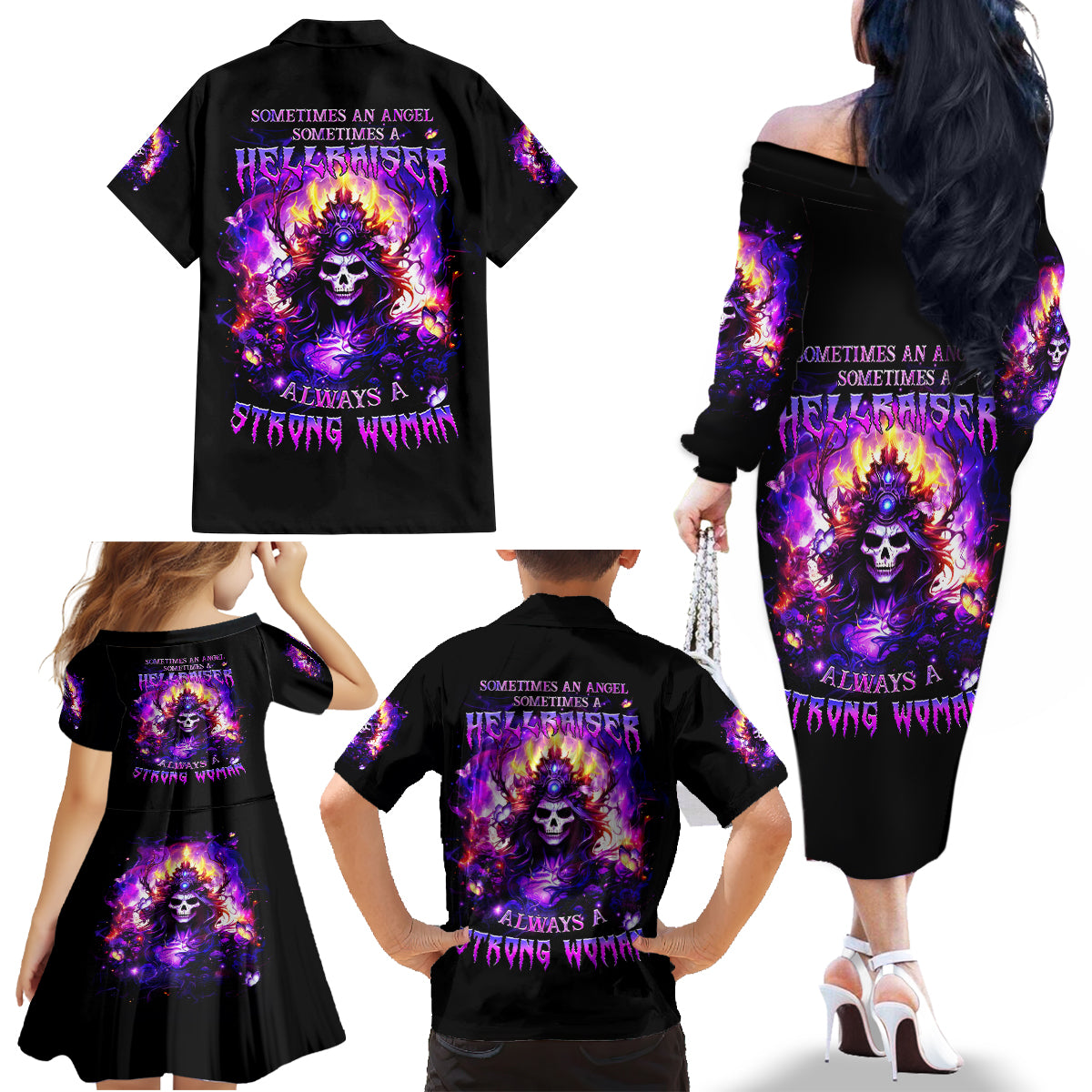 Queen Skull Family Matching Off Shoulder Long Sleeve Dress and Hawaiian Shirt Sometimes An Angel Somethimes Hellraiser Always A Strong Woman - Wonder Print Shop