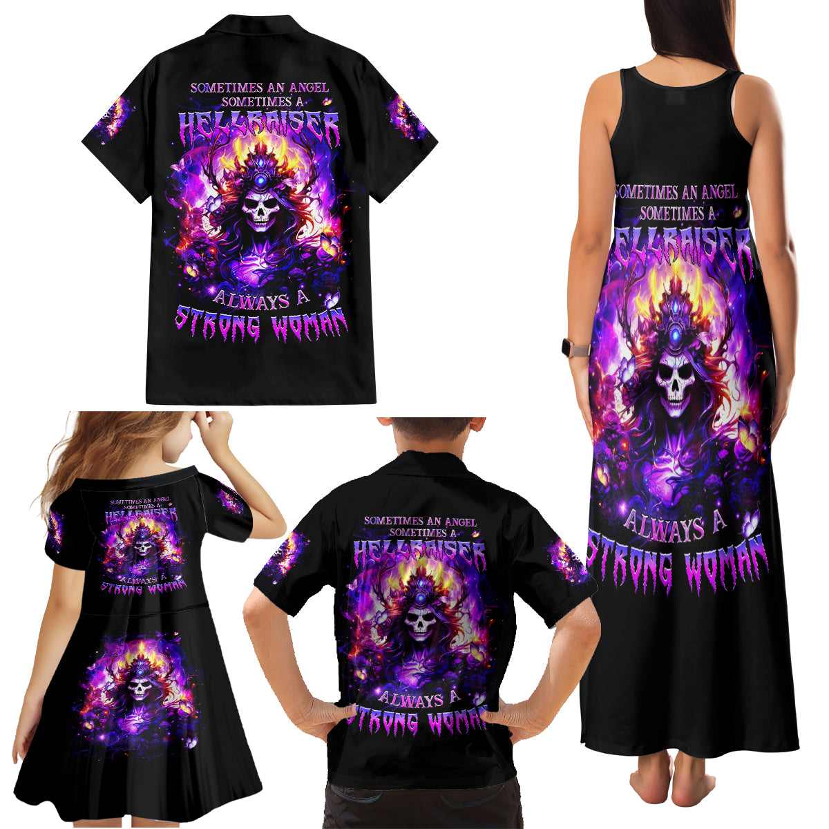 Queen Skull Family Matching Tank Maxi Dress and Hawaiian Shirt Sometimes An Angel Somethimes Hellraiser Always A Strong Woman - Wonder Print Shop