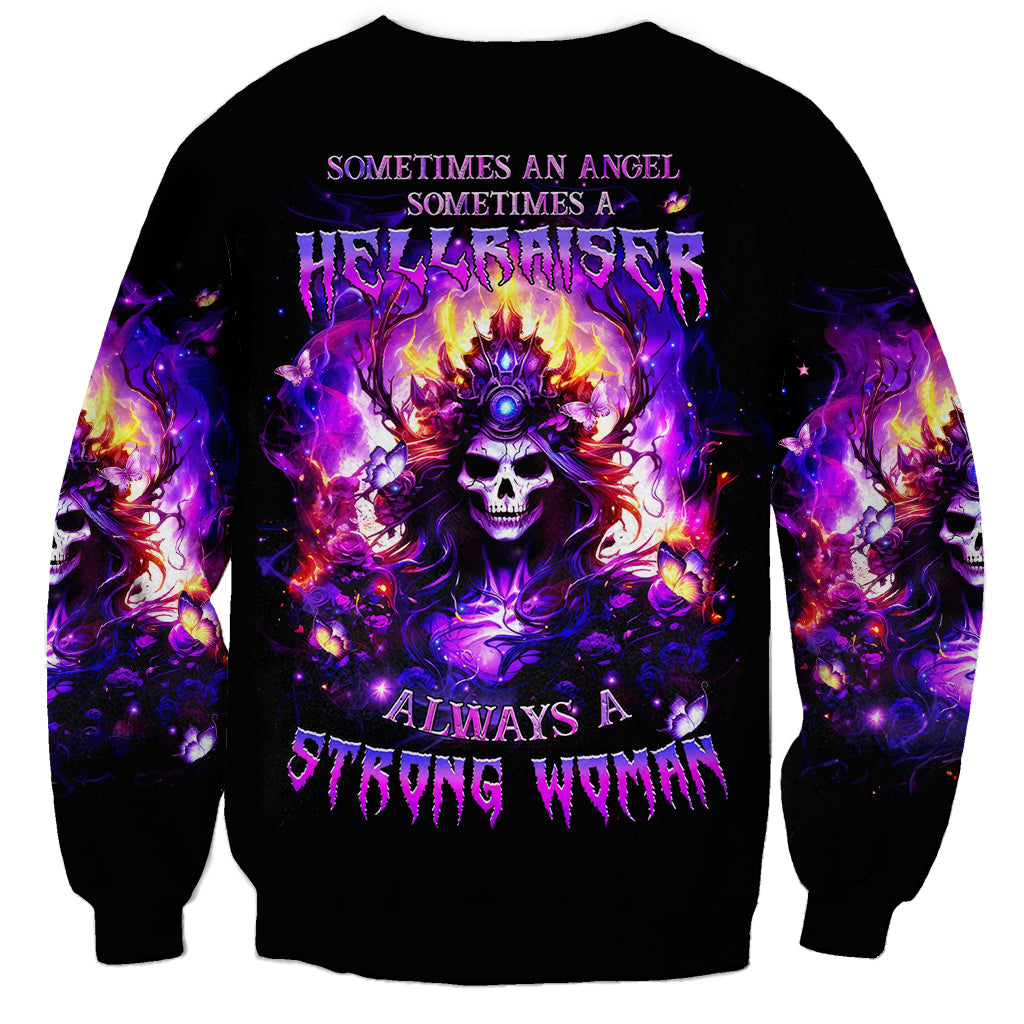 Black sweatshirt with purple skull flame graphic and slogan text on front