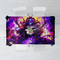 Black tablecloth with purple mystical skull-and-queen graphic, square top view