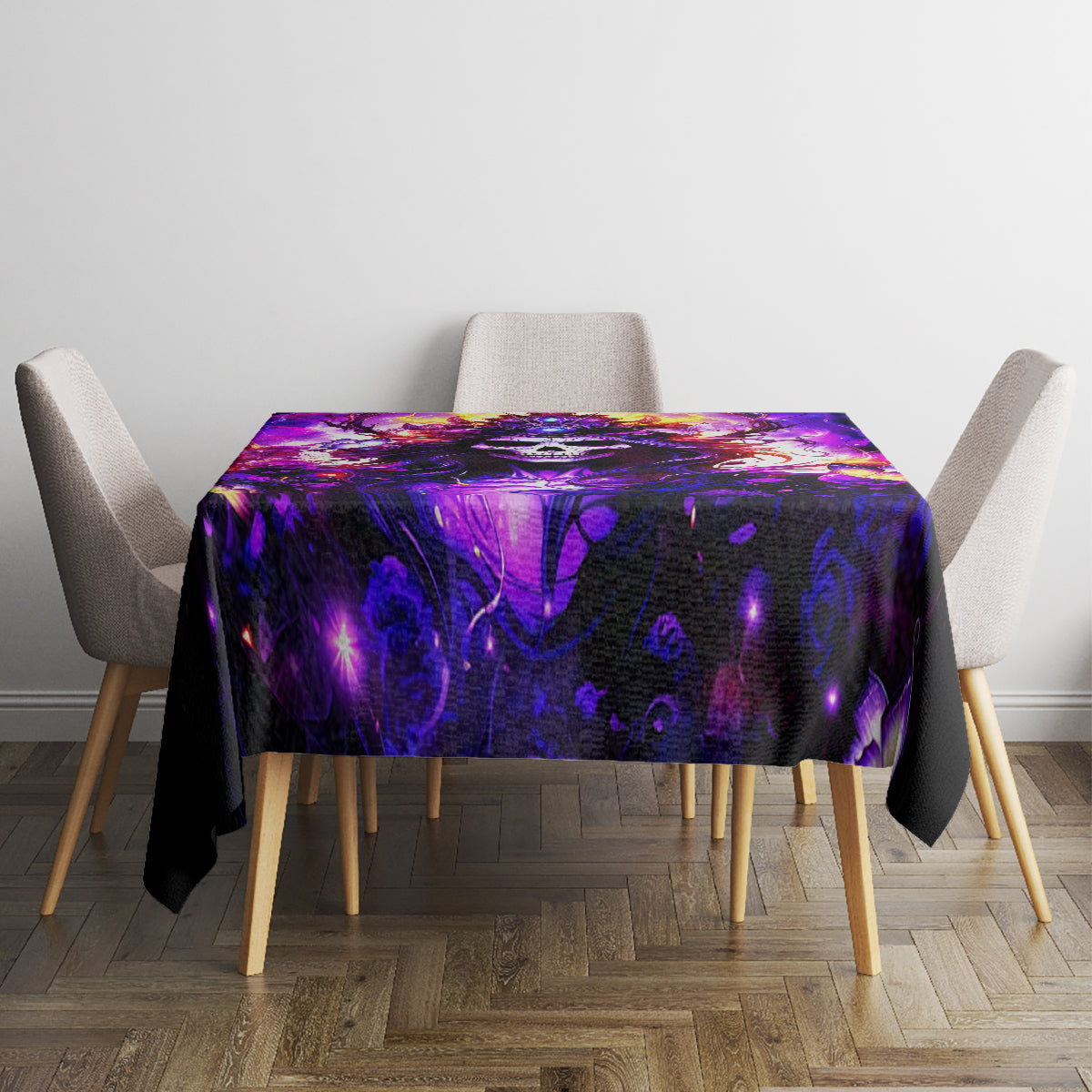 Black tablecloth with purple abstract fantasy print, square table with four chairs