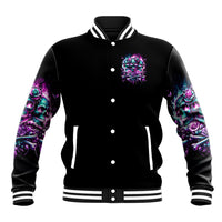 Black unisex baseball jacket, front button-up with small skull-and-rose chest print
