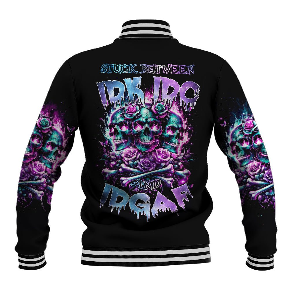 Rose Skull Baseball Jacket Stuck Between IDK IDC And IDGAF - Wonder Print Shop