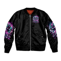 Black unisex bomber jacket, front zip-up with ribbed hem and purple skull-rose sleeve print