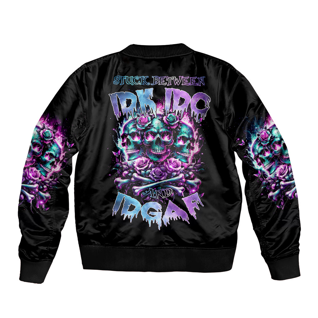 Rose Skull Bomber Jacket Stuck Between IDK IDC And IDGAF - Wonder Print Shop