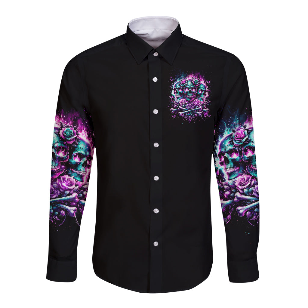 Black long-sleeve button shirt with skull pocket graphic and purple rose sleeve print.