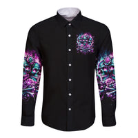 Black long-sleeve button shirt with skull pocket graphic and purple rose sleeve print.