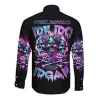 Black long-sleeve button shirt with skull and rose graphic, back view.