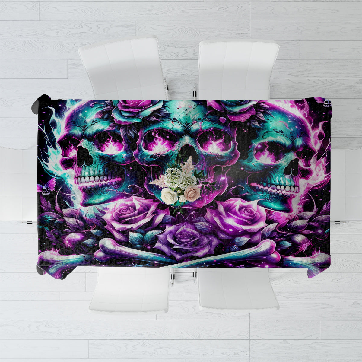 Black tablecloth with skull and rose graphic in purple, teal, and blue