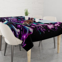 Black skull rose tablecloth with vivid purple, teal, and magenta artwork across table