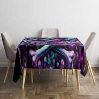 Black skull rose tablecloth with flame skull pattern in purple and teal tones