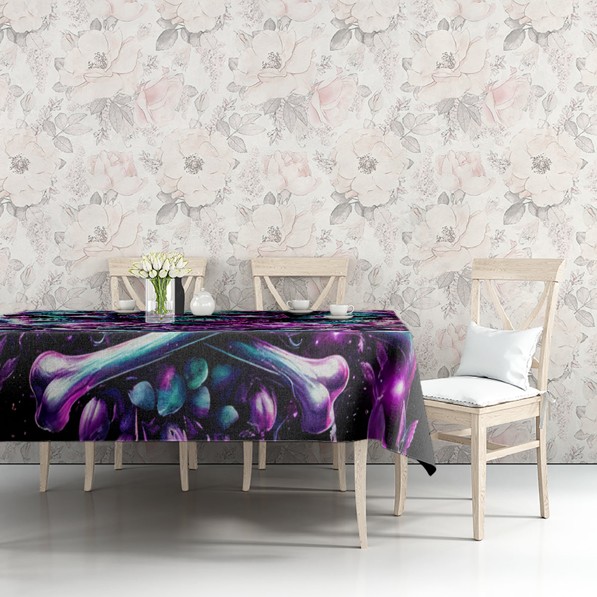 Black skull rose tablecloth with purple and teal skull-and-flower print