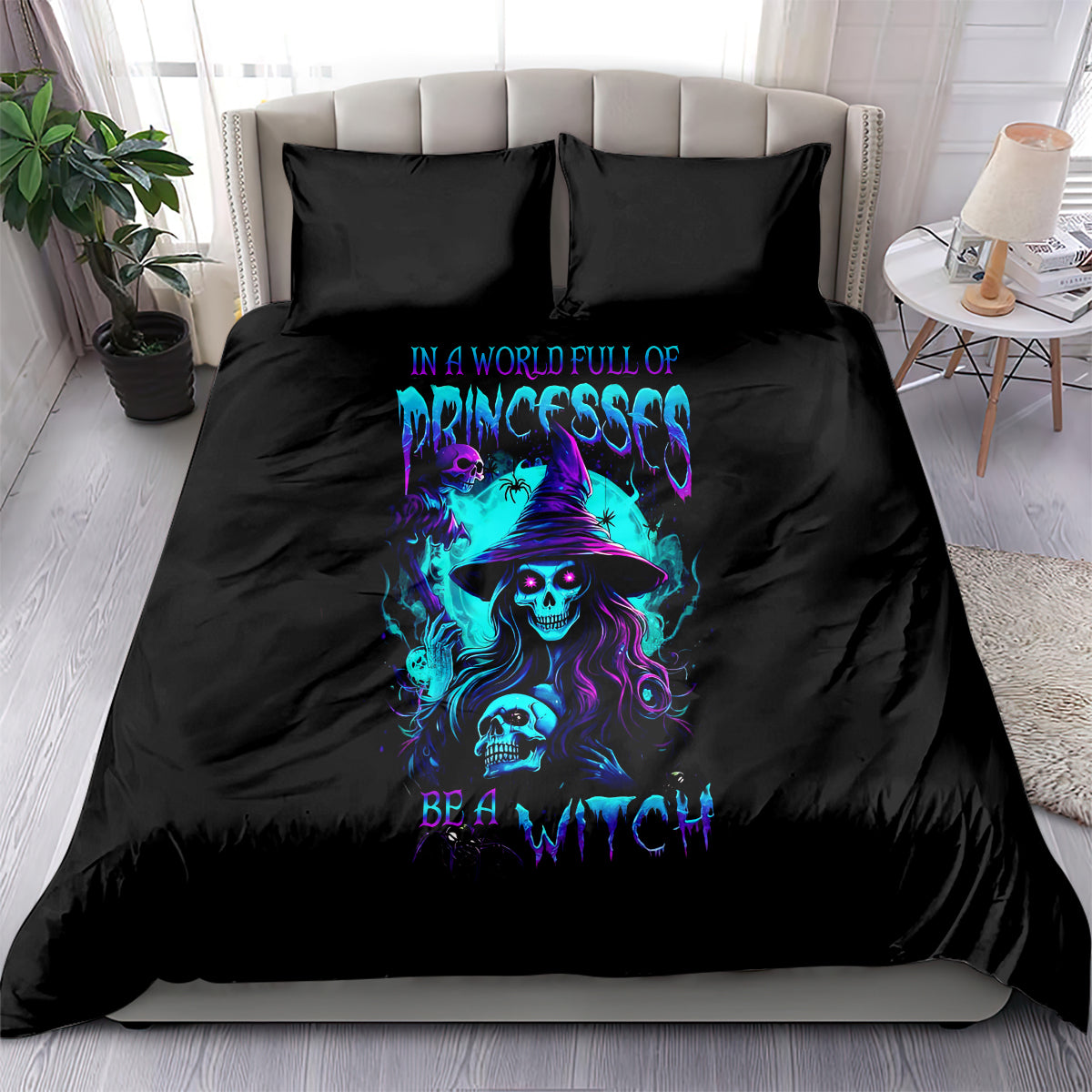 Black witch skull bedding set with blue-purple fantasy witch graphic on comforter