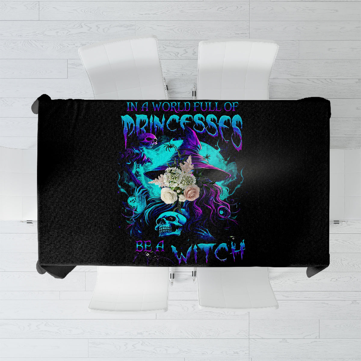 Black witch skull tablecloth with centered blue-purple witch slogan and skull graphic.