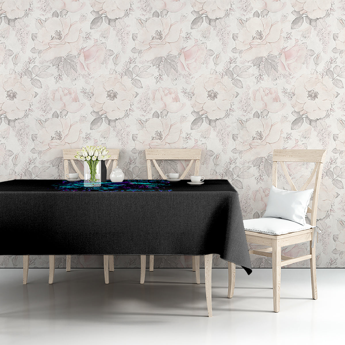 Black witch skull tablecloth with blue flame skull graphic, covering a long table surface.