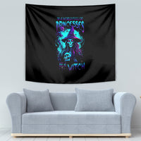 Black witch skull tapestry with glowing blue-purple witch face design