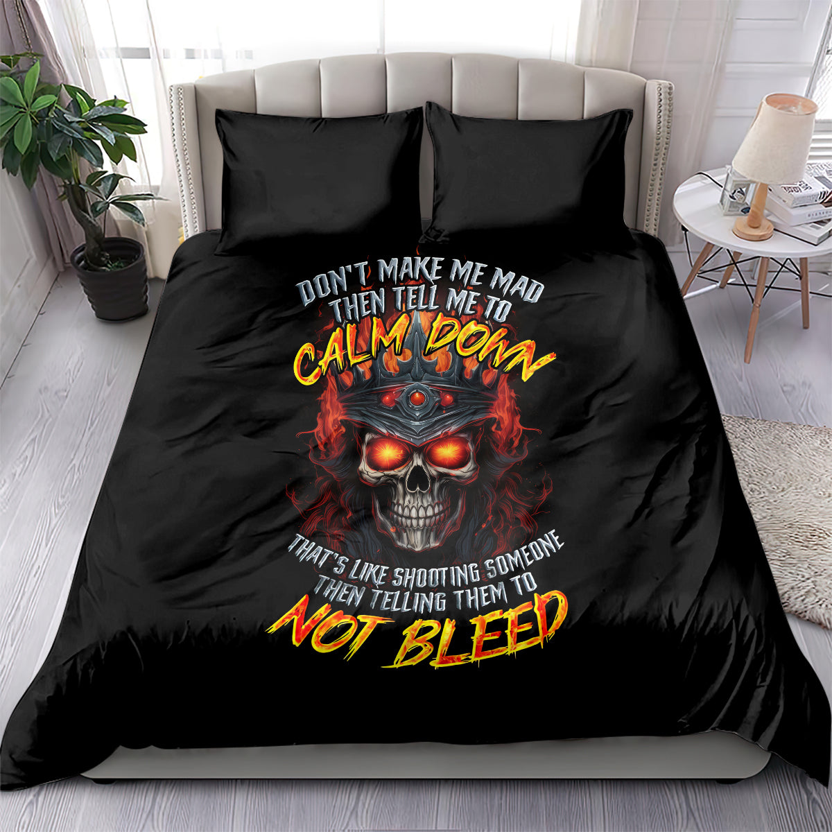 Black bedding set with glowing skull graphic and bold warning text on duvet