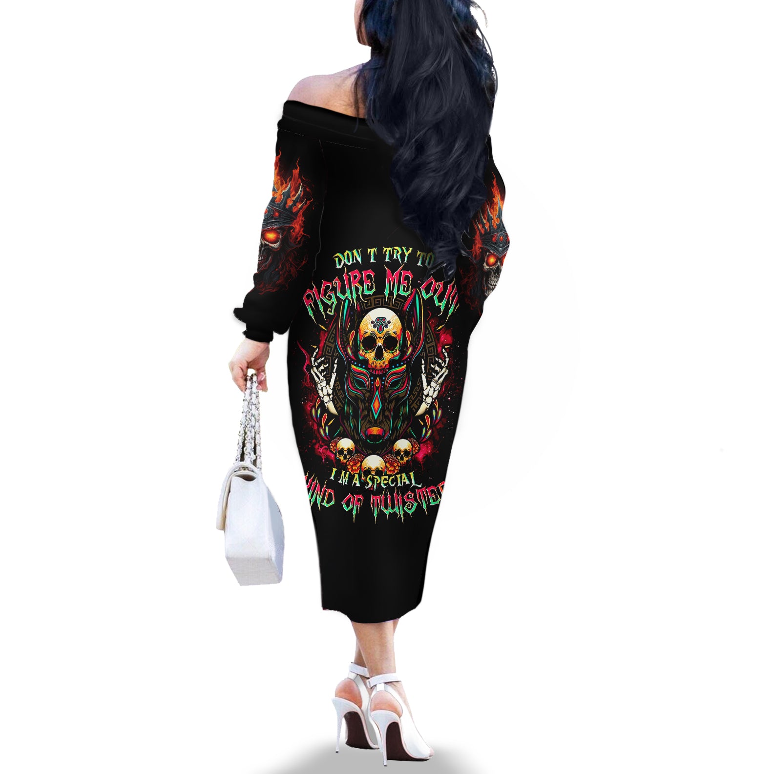 King Skull Off The Shoulder Long Sleeve Dress Don't Make Me Mad Then Tell Me To Calm Down - Wonder Print Shop