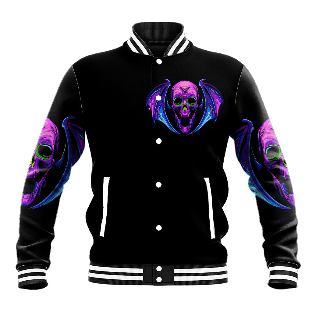 Black baseball jacket with bat skull face logo, button front, striped collar and cuffs