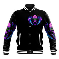 Black baseball jacket with bat skull face logo, button front, striped collar and cuffs