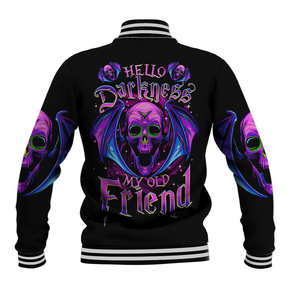 Black baseball jacket with bat skull graphic, striped collar and ribbed cuffs