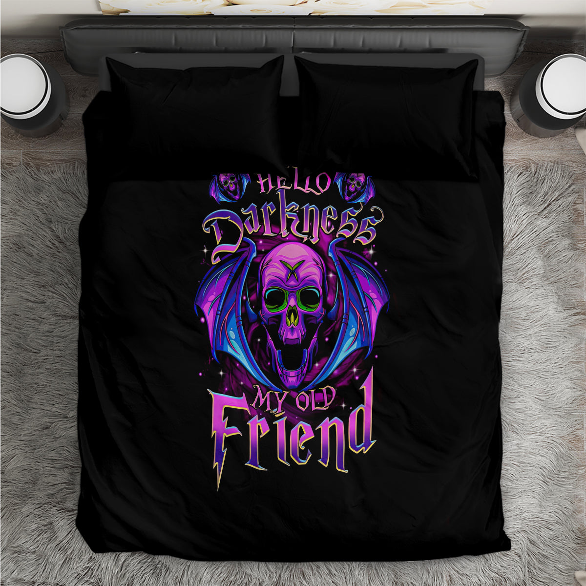 Black duvet cover set with purple bat-skull and gothic text graphic, two pillows