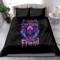 Black duvet cover set with purple bat-skull and gothic text graphic, matching pillows