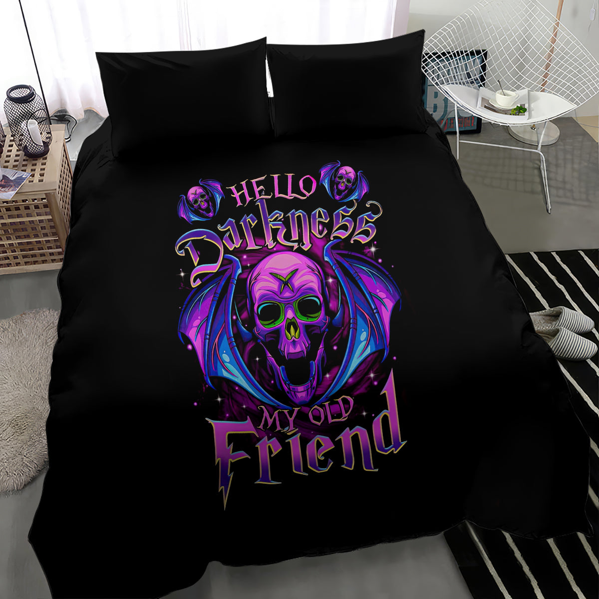Black bedding set with purple bat-skull centerpiece graphic and two pillows