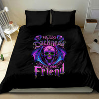 Black duvet cover set with purple bat-skull graphic and two matching pillowcases