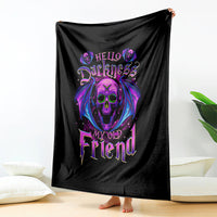 Black skull graphic blanket hanging with purple “Hello Darkness” and “My Old Friend”