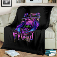 Black skull graphic blanket draped on a sofa with purple “Hello Darkness” text