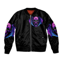 Black unisex bomber jacket with front zipper and purple skull graphic, ribbed cuffs