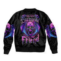 Black unisex bomber jacket with ribbed collar and large purple skull graphic on back
