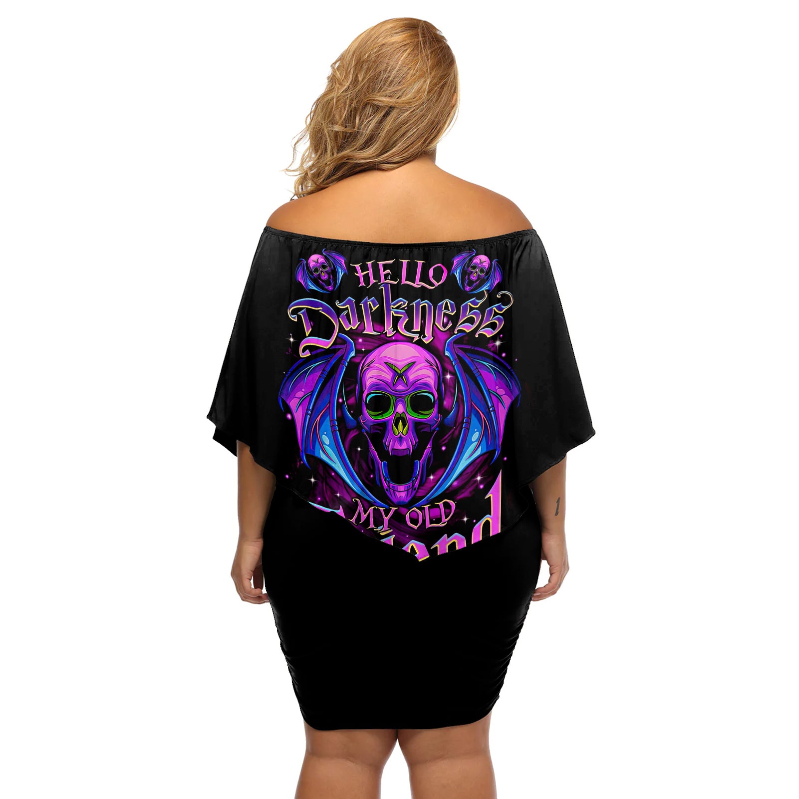 Bat Skull Off Shoulder Short Dress Bat Skull Hello Darkness My Old Friend - Wonder Print Shop