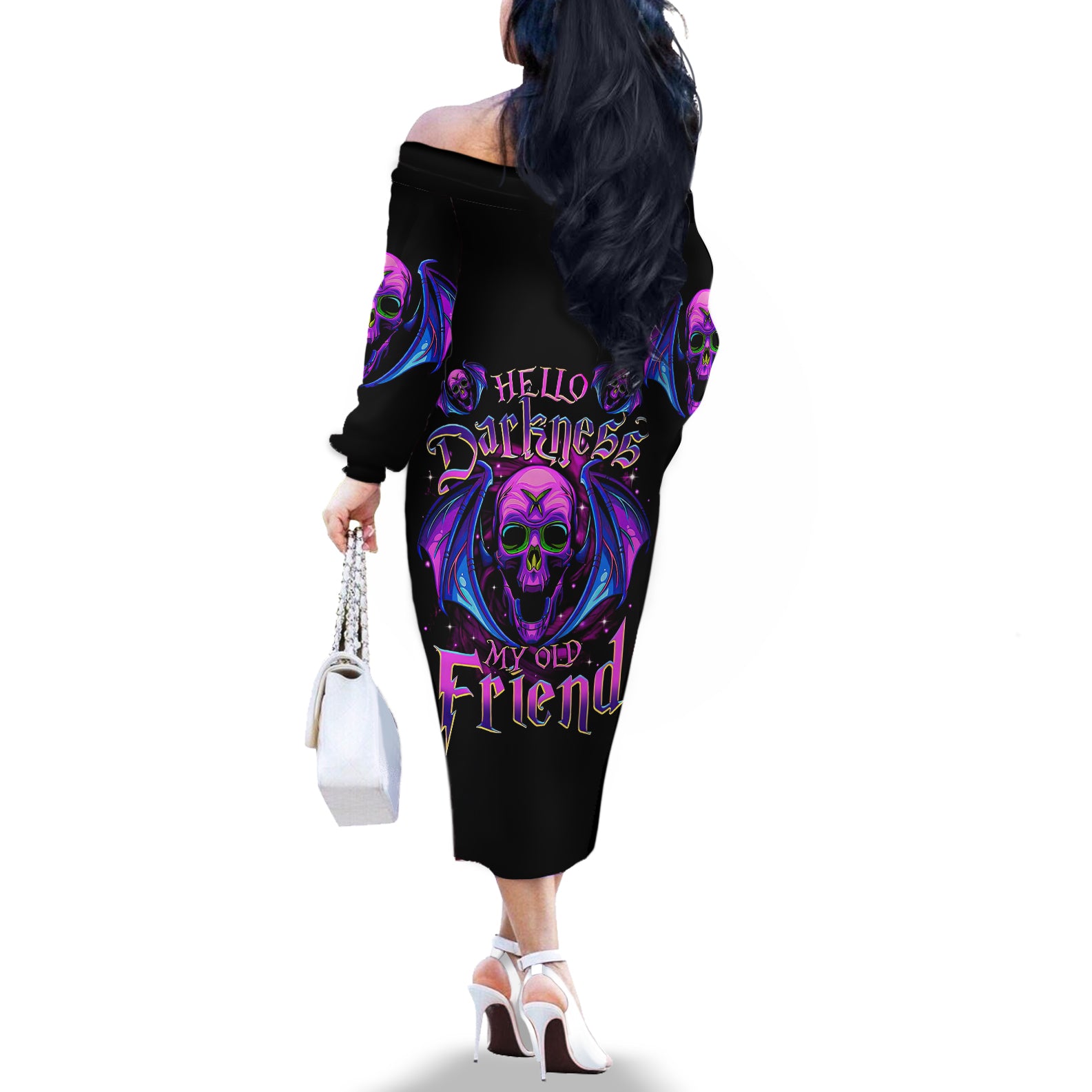 Bat Skull Off The Shoulder Long Sleeve Dress Bat Skull Hello Darkness My Old Friend - Wonder Print Shop