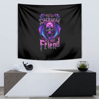 Black bat skull tapestry featuring purple-pink skull graphic and lettering