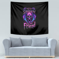 Black bat skull tapestry with purple and pink skull illustration and text