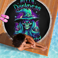150 cm round black beach blanket with fringed edge, teal and purple skull-witch design