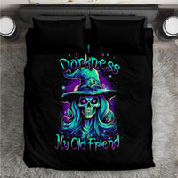 Black bedding set with teal-purple witch skull graphic and “Hello Darkness” text on duvet