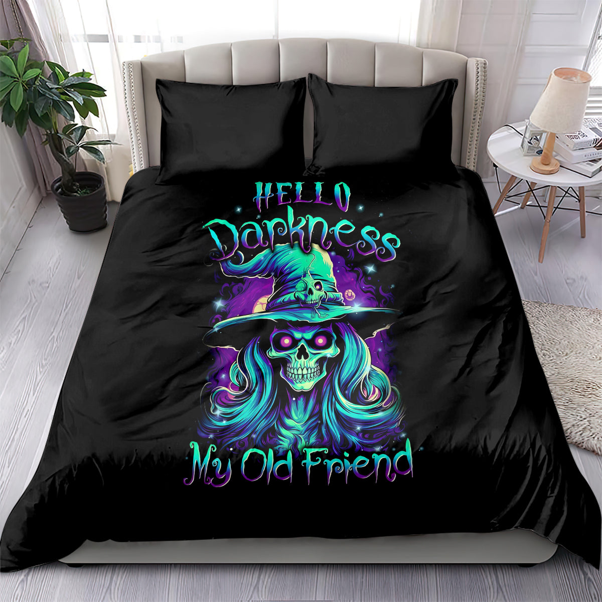 Black bedding set with teal-purple witch skull graphic on duvet and pillowcases