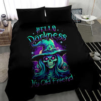 Black bedding set featuring witch skull graphic with “My Old Friend” text on duvet