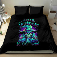 Black bedding set with teal-purple witch skull artwork and “Hello Darkness” on duvet