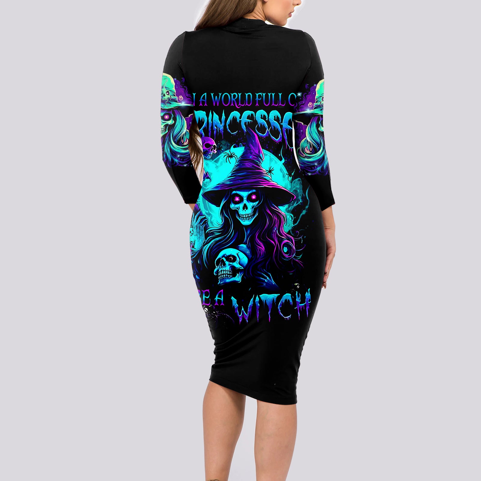 Witch Skull Long Sleeve Bodycon Dress Skull Witch Hello Darkness My Old Friend - Wonder Print Shop