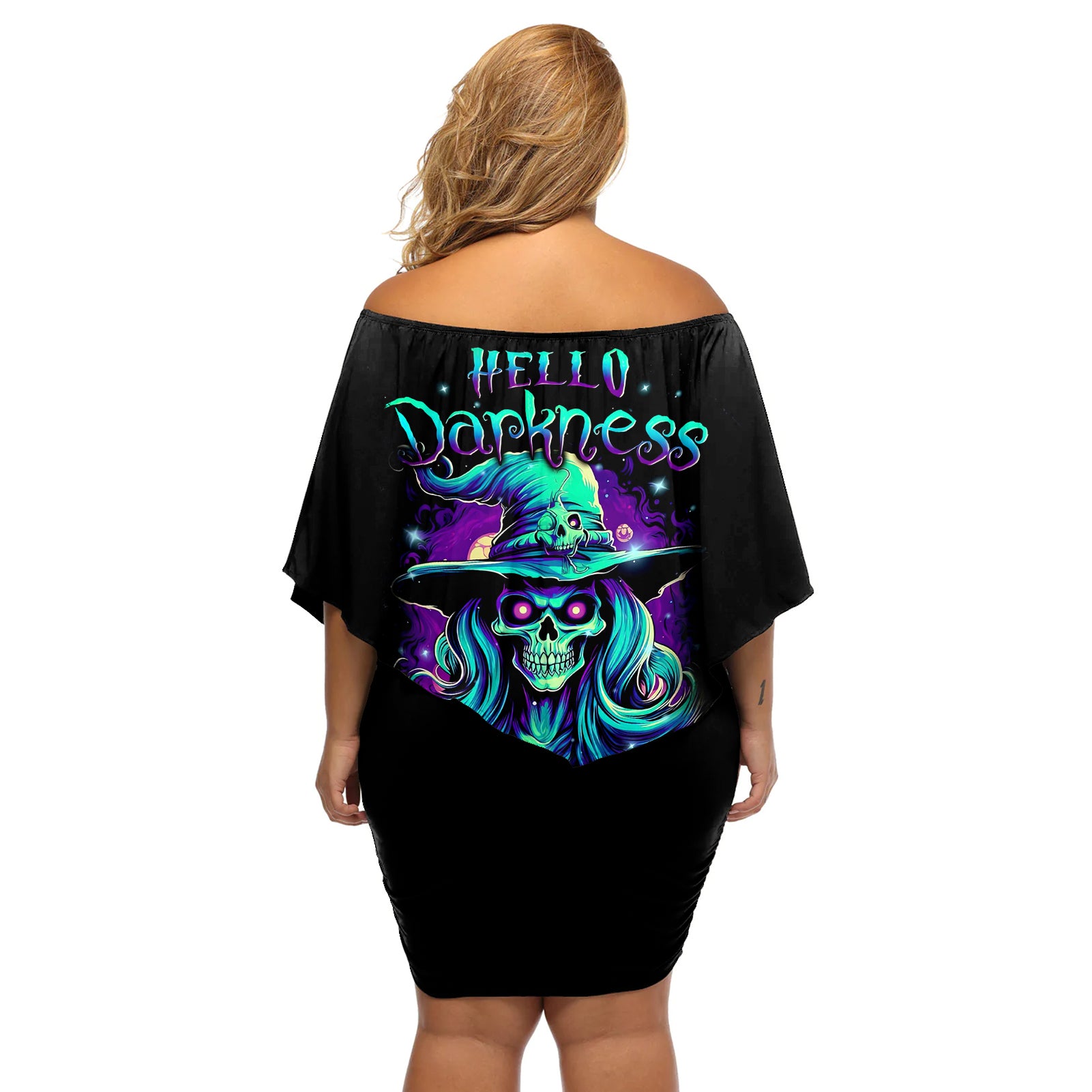 Witch Skull Off Shoulder Short Dress Skull Witch Hello Darkness My Old Friend - Wonder Print Shop