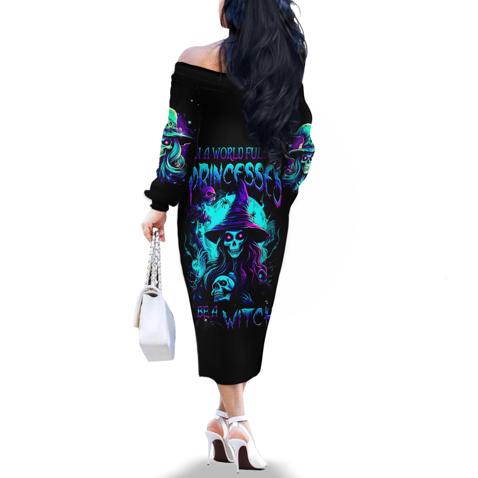 Witch Skull Off The Shoulder Long Sleeve Dress Skull Witch Hello Darkness My Old Friend - Wonder Print Shop