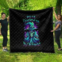 Black quilt blanket with skull witch graphic and quilted diamond stitching