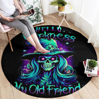 Black round carpet rug with teal skull-witch artwork and 'Hello Darkness' lettering